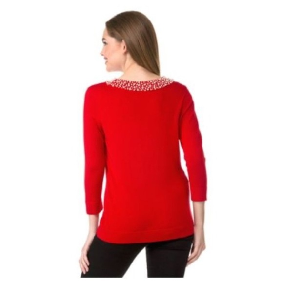 Ladies Karl Lagerfeld Paris Pearl Trim Red Sweater Size Medium - Picture 2 of 6